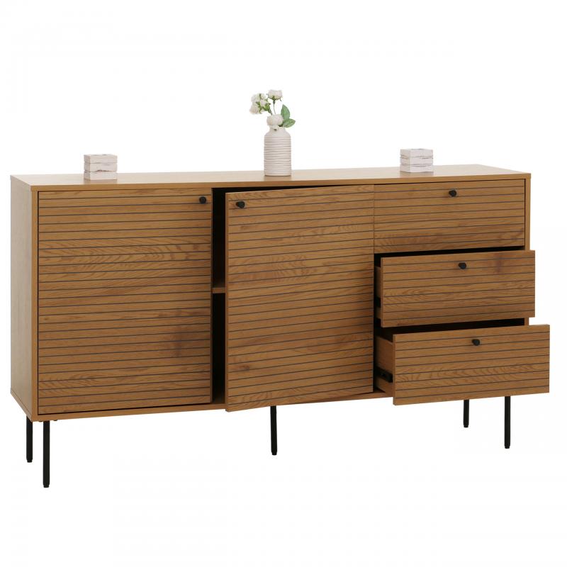 Kommode HWC-N78, Sideboard, 3 Schubladen 2 Tren, skandinavischer Stil Metall Holz Melamin MVG 85x150x40cm ~ natur