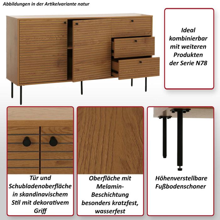 Kommode HWC-N78, Sideboard, 3 Schubladen 2 Tren, skandinavischer Stil Metall Holz Melamin MVG 85x150x40cm ~ natur