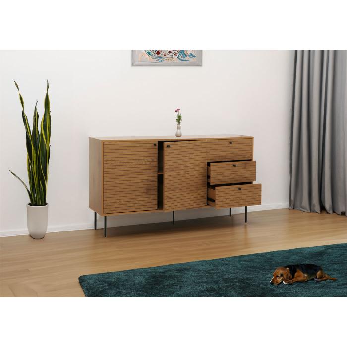 Kommode HWC-N78, Sideboard, 3 Schubladen 2 Tren, skandinavischer Stil Metall Holz Melamin MVG 85x150x40cm ~ natur