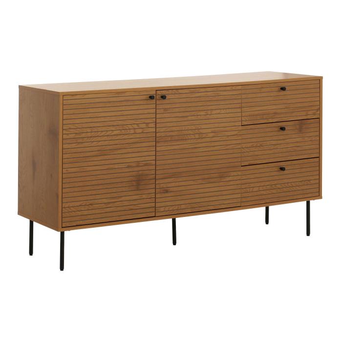 Kommode HWC-N78, Sideboard, 3 Schubladen 2 Tren, skandinavischer Stil Metall Holz Melamin MVG 85x150x40cm ~ natur