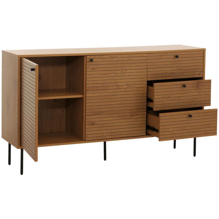 Kommode HWC-N78, Sideboard, 3 Schubladen 2 Tren, skandinavischer Stil Metall Holz Melamin MVG 85x150x40cm ~ natur