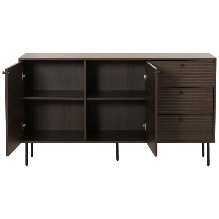 Kommode HWC-N78, Sideboard, 3 Schubladen 2 Tren, skandinavischer Stil Metall Holz Melamin MVG 85x150x40cm ~ dunkelbraun