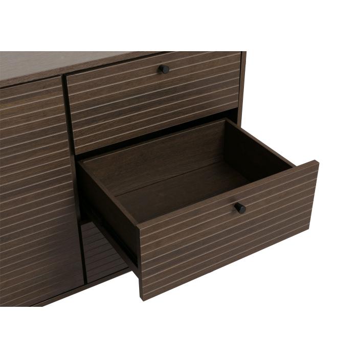 Kommode HWC-N78, Sideboard, 3 Schubladen 2 Tren, skandinavischer Stil Metall Holz Melamin MVG 85x150x40cm ~ dunkelbraun