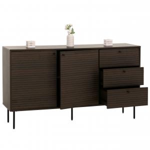 Kommode HWC-N78, Sideboard, 3 Schubladen 2 Tren, skandinavischer Stil Metall Holz Melamin MVG 85x150x40cm ~ dunkelbraun