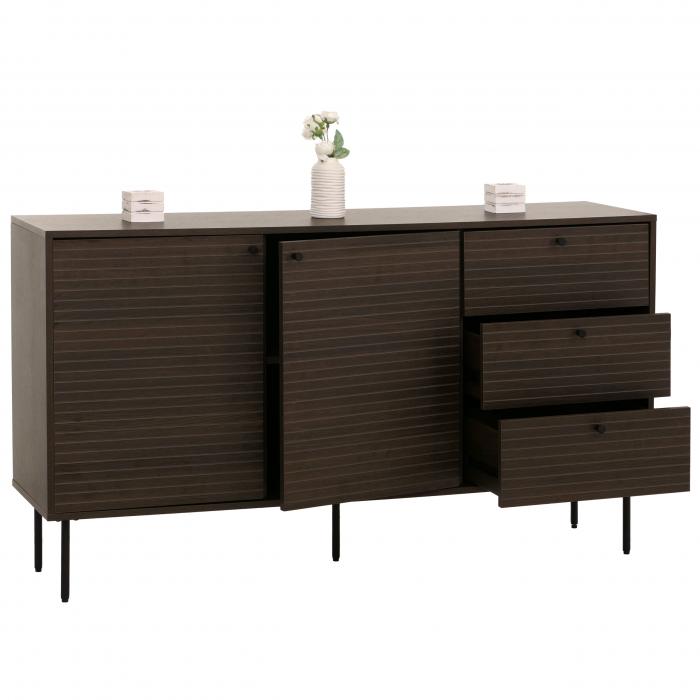Kommode HWC-N78, Sideboard, 3 Schubladen 2 Tren, skandinavischer Stil Metall Holz Melamin MVG 85x150x40cm ~ dunkelbraun