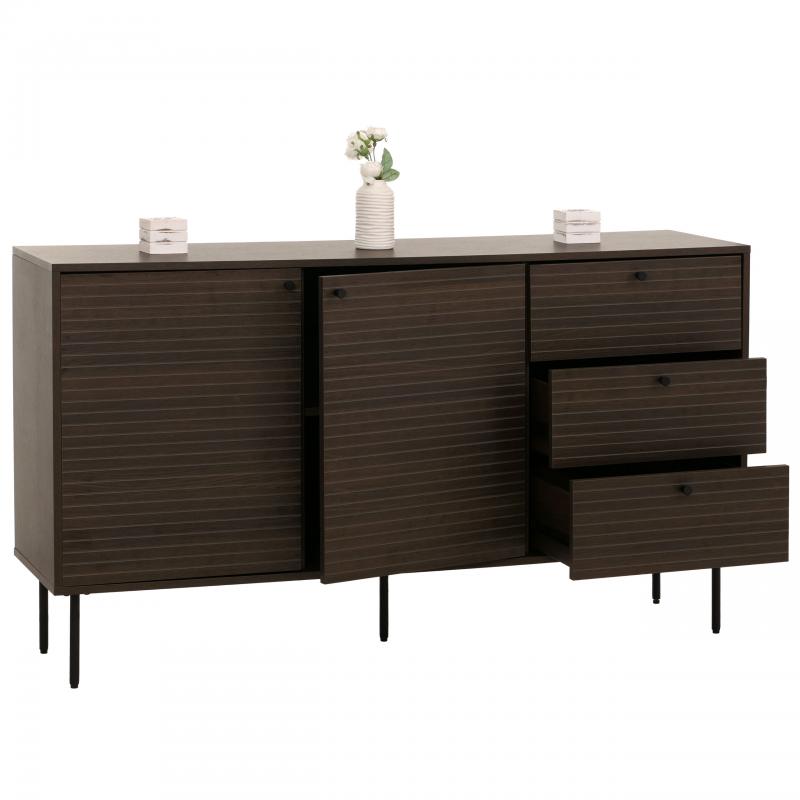 Kommode HWC-N78, Sideboard, 3 Schubladen 2 Tren, skandinavischer Stil Metall Holz Melamin MVG 85x150x40cm ~ dunkelbraun