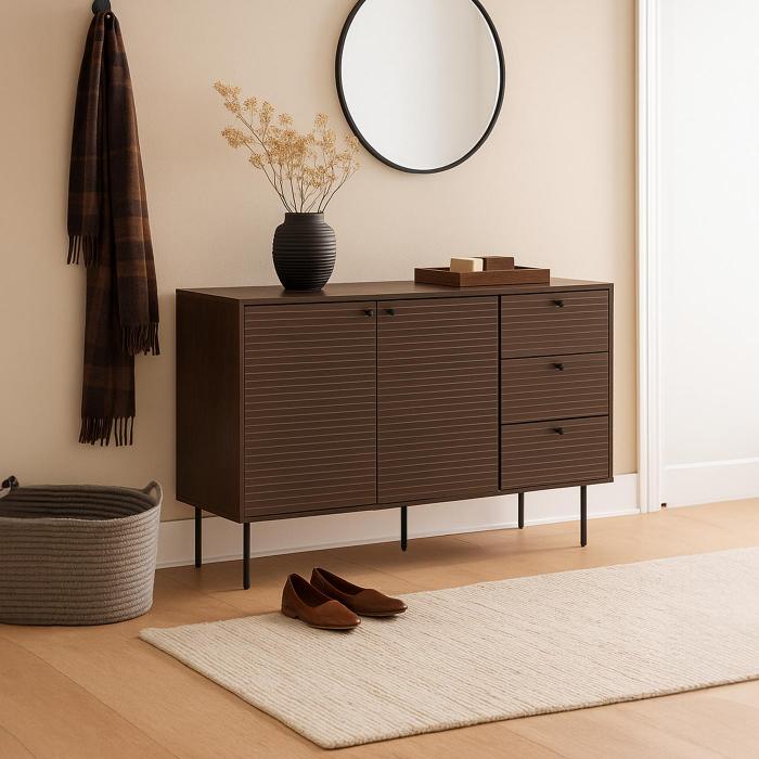 Kommode HWC-N78, Sideboard, 3 Schubladen 2 Tren, skandinavischer Stil Metall Holz Melamin MVG 85x150x40cm ~ dunkelbraun