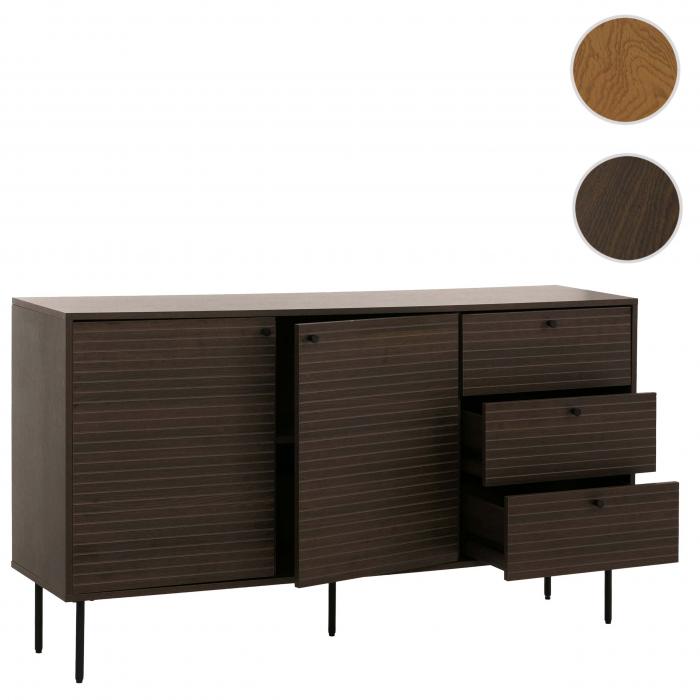 Kommode HWC-N78, Sideboard, 3 Schubladen 2 Tren, skandinavischer Stil Metall Holz Melamin MVG 85x150x40cm ~ dunkelbraun