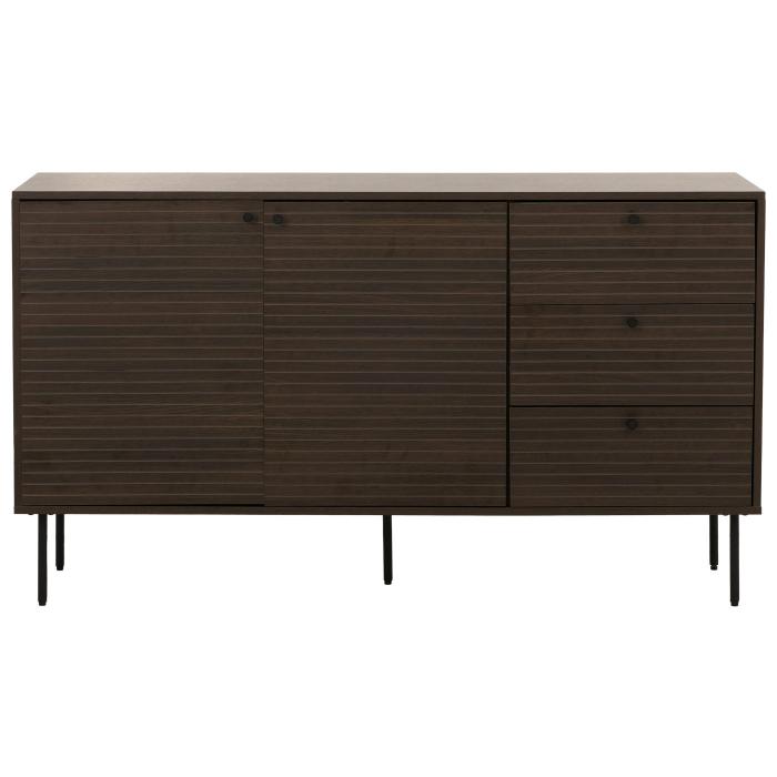 Kommode HWC-N78, Sideboard, 3 Schubladen 2 Tren, skandinavischer Stil Metall Holz Melamin MVG 85x150x40cm ~ dunkelbraun