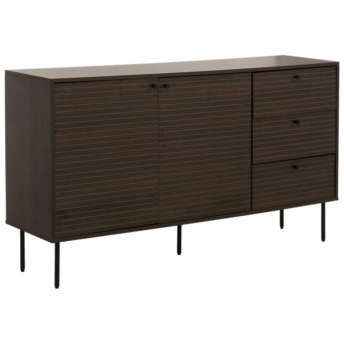 Kommode HWC-N78, Sideboard, 3 Schubladen 2 Tren, skandinavischer Stil Metall Holz Melamin MVG 85x150x40cm ~ dunkelbraun