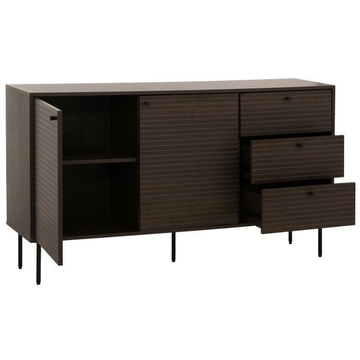 Kommode HWC-N78, Sideboard, 3 Schubladen 2 Tren, skandinavischer Stil Metall Holz Melamin MVG 85x150x40cm ~ dunkelbraun