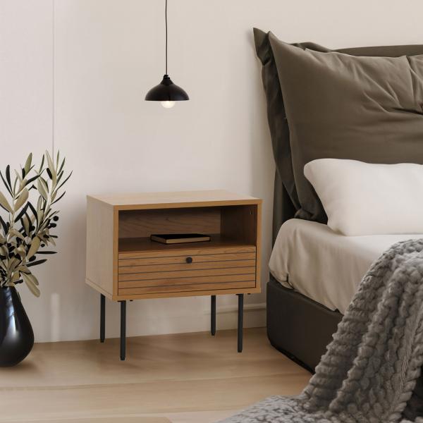 Stimmungsbild fr Produkt Nachttisch HWC-N78, Nachtschrank, Schublade, skandinavischer Stil Metall Holz Melamin MVG 50x40x50cm ~ natur
