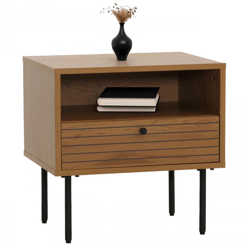 Nachttisch HWC-N78, Nachtschrank, Schublade, skandinavischer Stil Metall Holz Melamin MVG 50x40x50cm ~ natur
