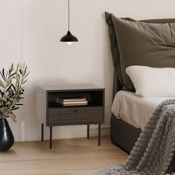 Stimmungsbild fr Produkt Nachttisch HWC-N78, Nachtschrank, Schublade, skandinavischer Stil Metall Holz Melamin MVG 50x40x50cm ~ dunkelbraun