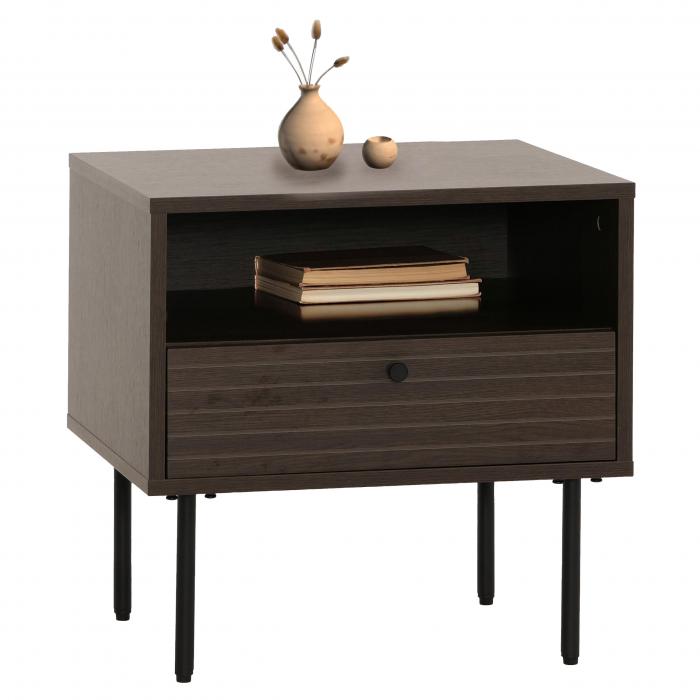 Nachttisch HWC-N78, Nachtschrank, Schublade, skandinavischer Stil Metall Holz Melamin MVG 50x40x50cm ~ dunkelbraun