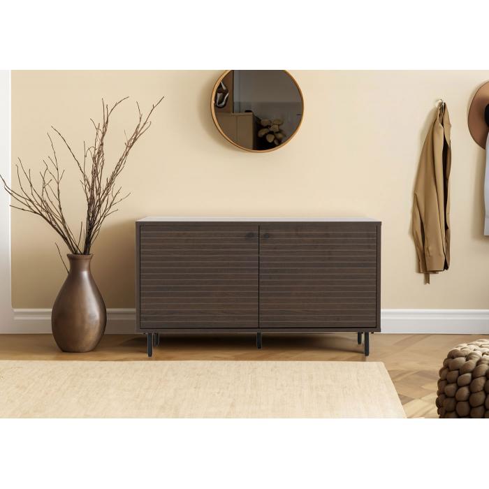 Garderobenkommode HWC-N78, Kommode Schrank, skandinavischer Stil Metall Holz Melamin MVG 53x94x35cm ~ dunkelbraun