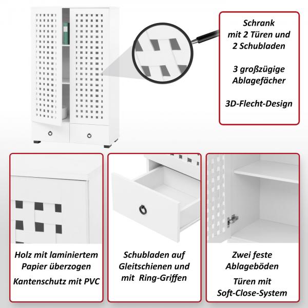 Foto mit wichtigsten Merkmalen des Produktes Schrank HWC-N87, Wohnzimmerschrank, 3D-Flecht-Design 2 Tren 3 Staufcher 2 Schubladen Soft-Close, 138x80x36cm ~ wei