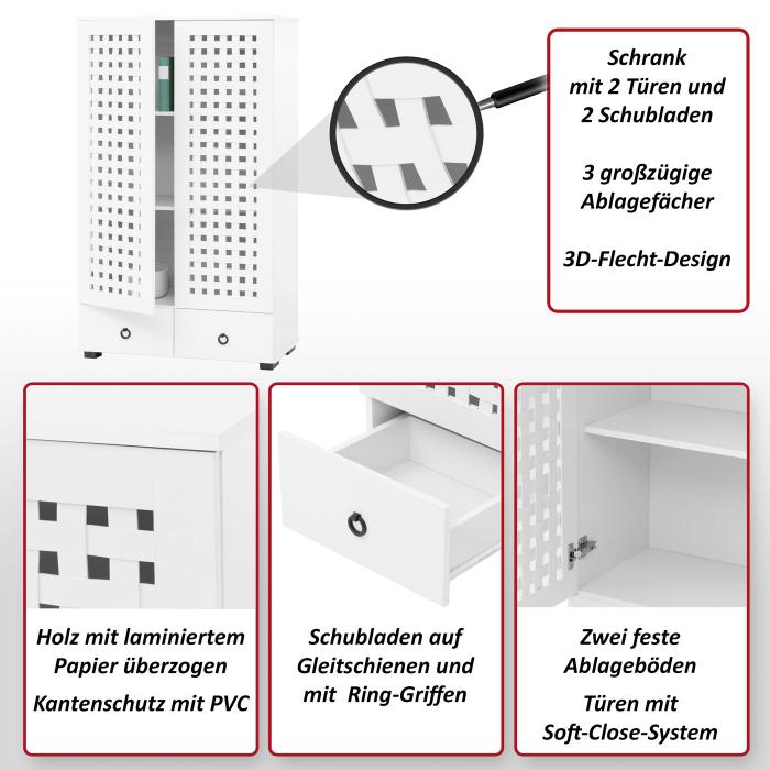 Schrank HWC-N87, Wohnzimmerschrank, 3D-Flecht-Design 2 Tren 3 Staufcher 2 Schubladen Soft-Close, 138x80x36cm ~ wei