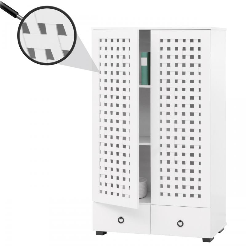 Schrank HWC-N87, Wohnzimmerschrank, 3D-Flecht-Design 2 Tren 3 Staufcher 2 Schubladen Soft-Close, 138x80x36cm ~ wei