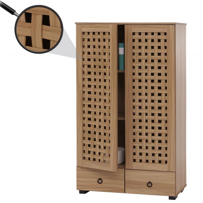 Schrank HWC-N87, Wohnzimmerschrank, 3D-Flecht-Design 2 Tren 3 Staufcher 2 Schubladen Soft-Close, 138x80x36cm ~ braun