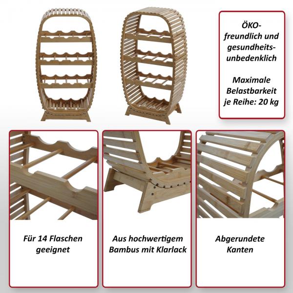Bambus Weinregal HWC-N85, Weinstnder Flaschenregal fr 14 Flaschen, FSC-zertifiziert 85x46x25cm