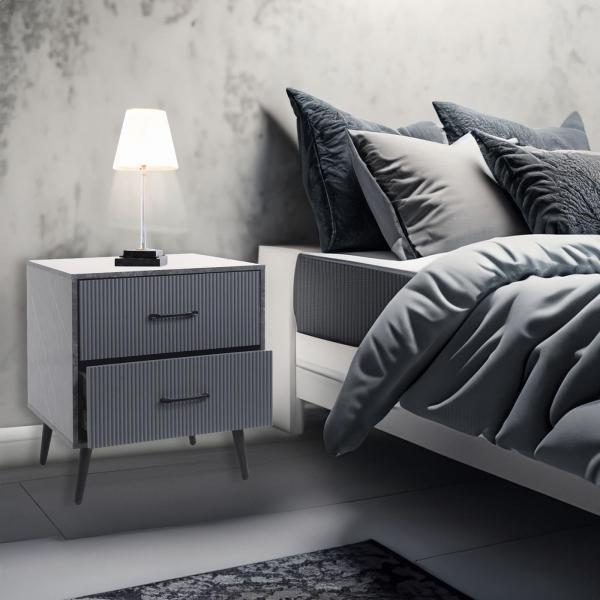 Nachttisch HWC-N89, Kommode Beistelltisch Nachtschrank, 3D-Design Schublade Melamin Holz, 55x48x41cm ~ Marmor-Optik grau