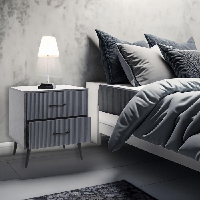 Nachttisch HWC-N89, Kommode Beistelltisch Nachtschrank, 3D-Design Schublade Melamin Holz, 55x48x41cm ~ Marmor-Optik grau
