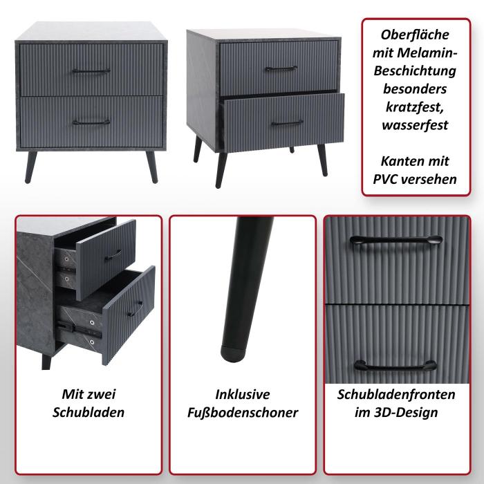 Nachttisch HWC-N89, Kommode Beistelltisch Nachtschrank, 3D-Design Schublade Melamin Holz, 55x48x41cm ~ Marmor-Optik grau