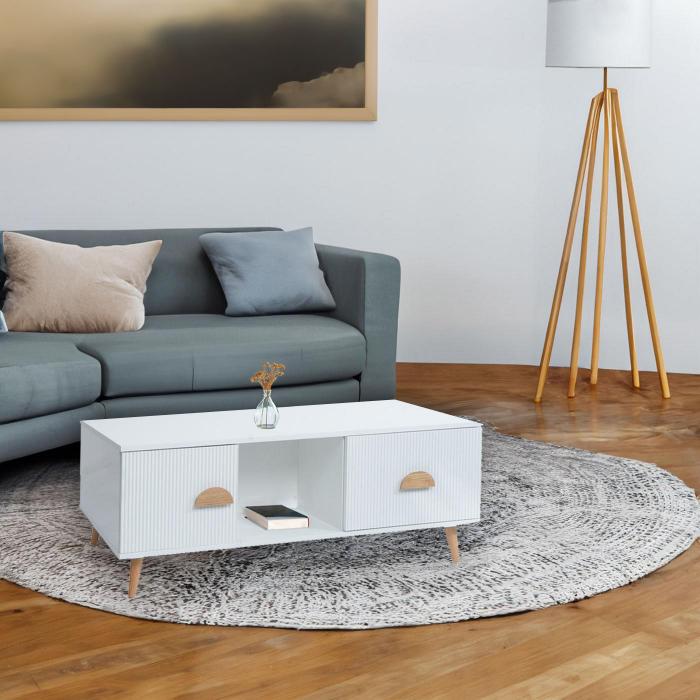 Couchtisch HWC-N89, Beistelltisch Sofatisch, Schubladen Tren Fcher 3D-Design Melamin Holz, 43x100x60cm ~ wei