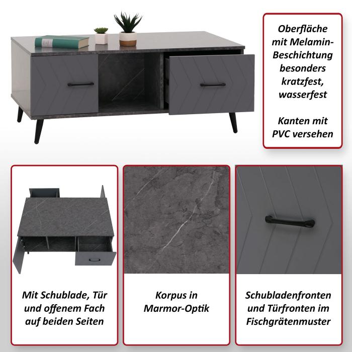 Couchtisch HWC-N89, Sofatisch, Schubladen Tren Fcher Fischgrtenmuster Melamin Holz, 42x103x60cm ~ Marmor-Optik grau