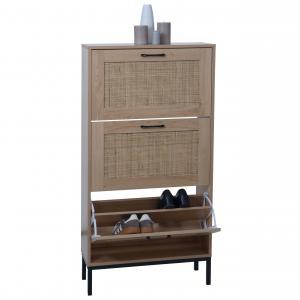 Schuhschrank HWC-N92, Schuhkipper Schuhregal, 3 Fcher Rattanfront Melamin, 126x63x24cm ~ Eiche-Optik