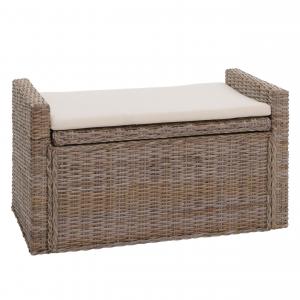 Aufbewahrungstruhe M92, Truhe Sitzbank Garderobenbank, Kissen Kubu Rattan 88cm ~ grau-braun