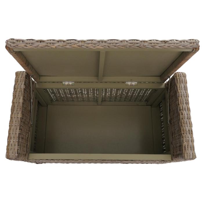 Sitzbank M92 Garderobenbank Bank Sitzhocker, mit Stauraum Kissen Kubu Rattan 88cm ~ grau-braun