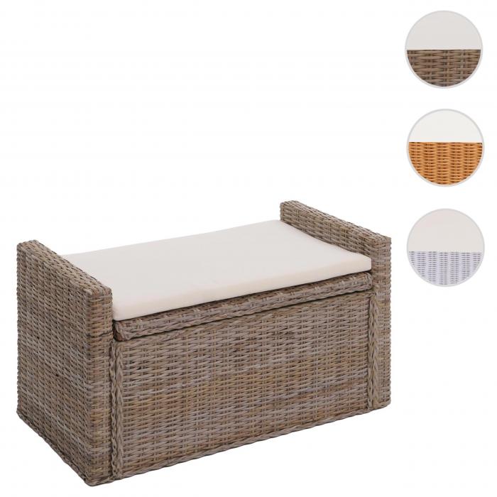 Sitzbank M92 Garderobenbank Bank Sitzhocker, mit Stauraum Kissen Kubu Rattan 88cm ~ grau-braun