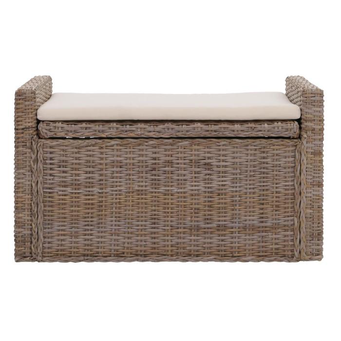 Sitzbank M92 Garderobenbank Bank Sitzhocker, mit Stauraum Kissen Kubu Rattan 88cm ~ grau-braun