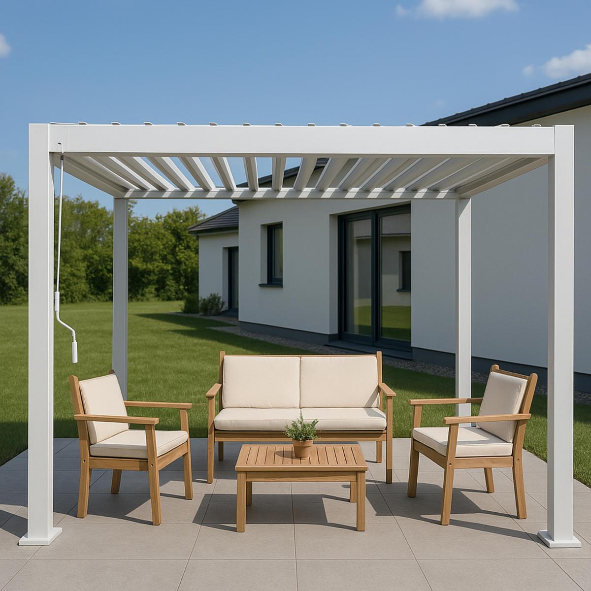 Alu Pergola HWC-N94, Lamellen-Pavillon Terrassenberdachung, stabiles 10cm-Metall-Gestell 3x3m ~ wei