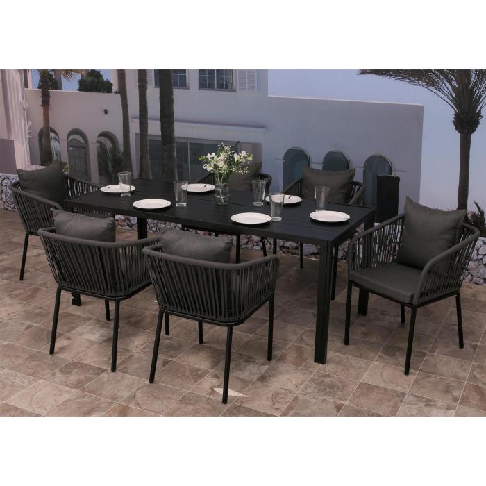 Gartengarnitur HWC-N41, Tisch+6xStuhl, wetterfest Alu 180x80cm, Seilgeflecht Rope ~ anthrazit, Kissen dunkelgrau