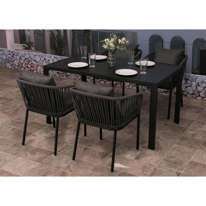 Gartengarnitur HWC-N41, Tisch+4xStuhl, wetterfest Alu 140x80cm, Seilgeflecht Rope ~ anthrazit, Kissen dunkelgrau