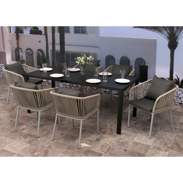 Stimmungsbild fr Produkt Gartengarnitur HWC-N41, Tisch+6xStuhl, wetterfest Alu 180x80cm, Seilgeflecht Rope ~ grau, Kissen dunkelgrau