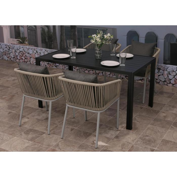 Gartengarnitur HWC-N41, Tisch+4xStuhl, wetterfest Alu 140x80cm, Seilgeflecht Rope ~ grau, Kissen dunkelgrau