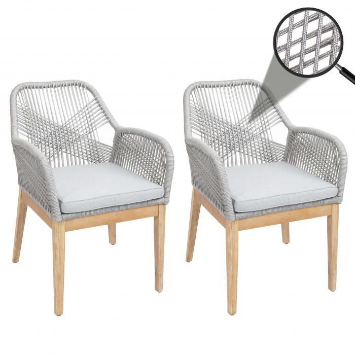 2er-Set Gartenstuhl HWC-H56b, Sessel Outdoor, wetterfest Seilgeflecht Rope Holz Akazie ~ hellgrau Kissen hellgrau