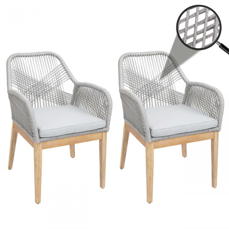 2er-Set Gartenstuhl HWC-H56b, Sessel Outdoor, wetterfest Seilgeflecht Rope Holz Akazie ~ hellgrau Kissen hellgrau