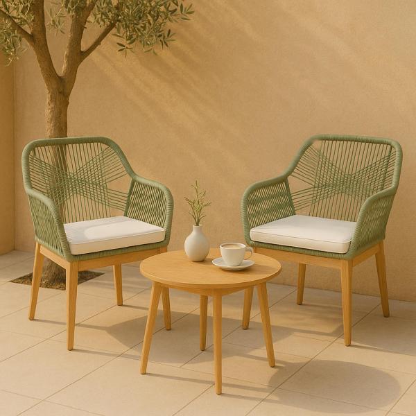 Gartenstuhl HWC-H56b, Sessel Outdoor Stuhl, wetterfest Seilgeflecht Rope Holz Akazie ~ grn Kissen creme