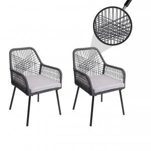 2er-Set Gartenstuhl HWC-O12, Outdoor Sitzpolster Aluminium Seilgeflecht Rope ~ anthrazit, Bezug hellgrau