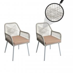 2er-Set Gartenstuhl HWC-O12, Outdoor Sitzpolster Aluminium Seilgeflecht Rope ~ hellgrau, Bezug taupe
