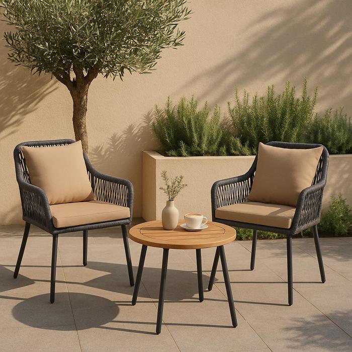 2er-Set Gartenstuhl HWC-O12, Outdoor Sitz-/Rckenpolster Aluminium Seilgeflecht Rope ~ anthrazit, Bezug taupe