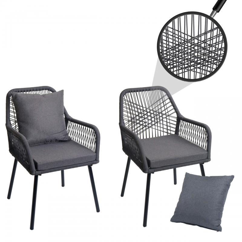 2er-Set Gartenstuhl HWC-O12, Outdoor Sitz-/Rckenpolster Aluminium Seilgeflecht Rope ~ anthrazit, Bezug dunkelgrau