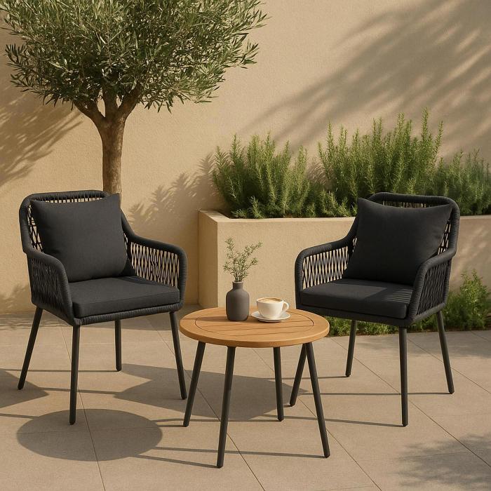 2er-Set Gartenstuhl HWC-O12, Outdoor Sitz-/Rckenpolster Aluminium Seilgeflecht Rope ~ anthrazit, Bezug dunkelgrau