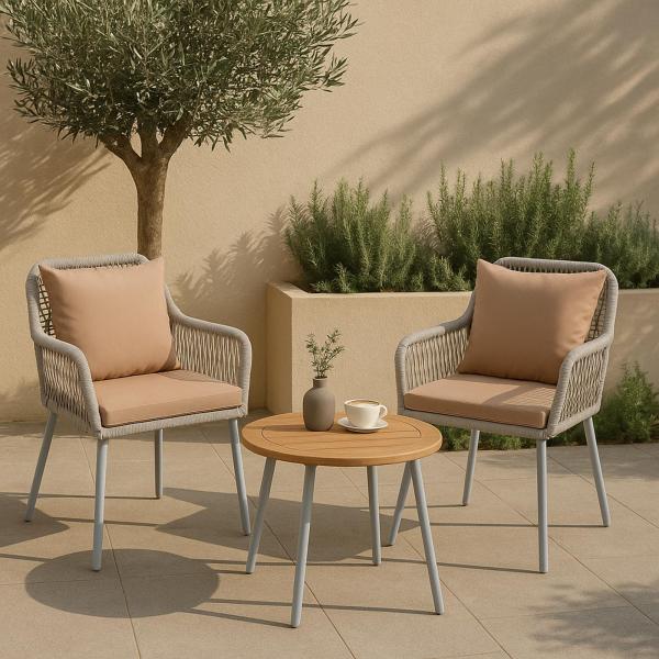 2er-Set Gartenstuhl HWC-O12, Outdoor Sitz-/Rckenpolster Aluminium Seilgeflecht Rope ~ hellgrau, Bezug taupe