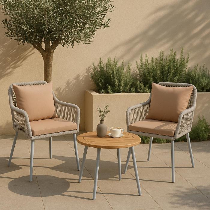 2er-Set Gartenstuhl HWC-O12, Outdoor Sitz-/Rckenpolster Aluminium Seilgeflecht Rope ~ hellgrau, Bezug taupe